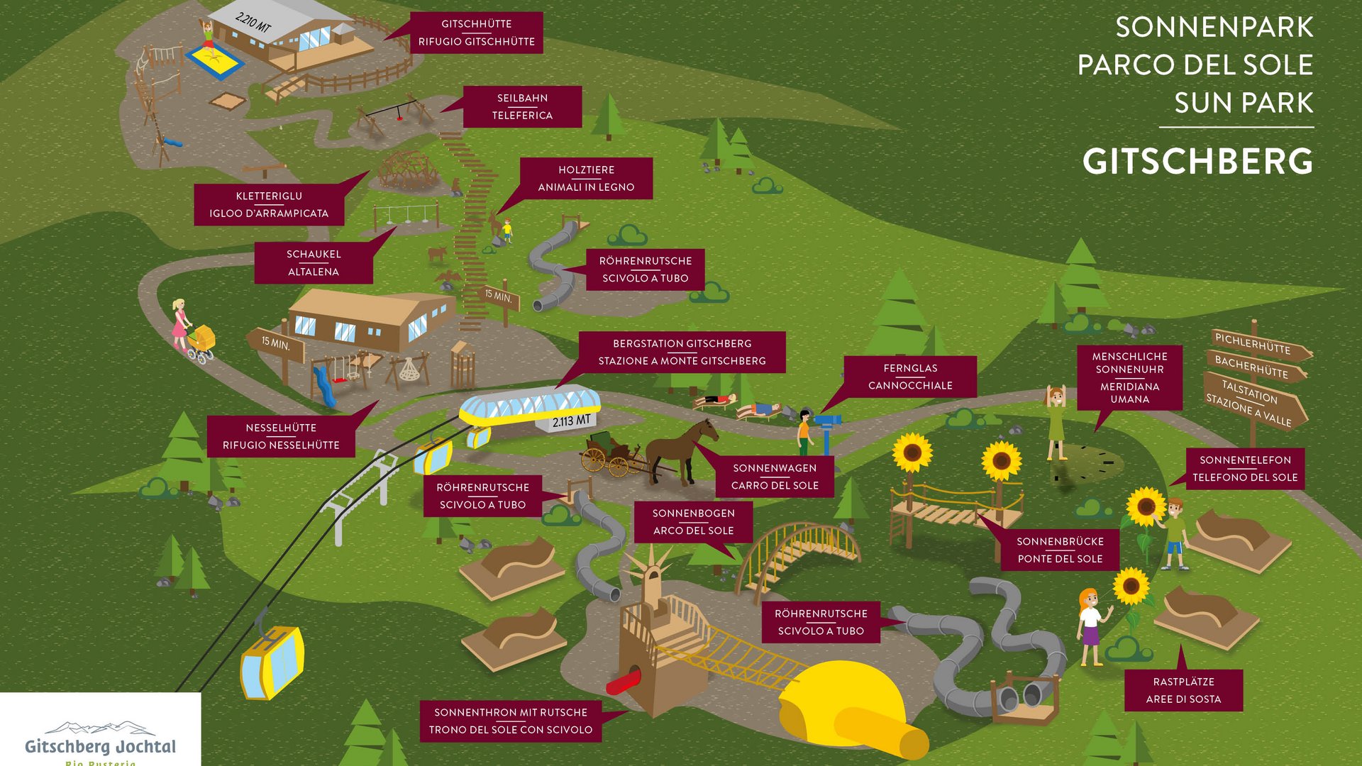 Vacanze in famiglia in Val Pusteria Mappa del parco del sole Gitschberg con attrazioni e stazione sciistica