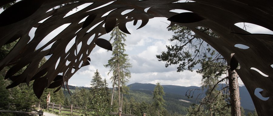 Le località dell’area vacanze Rio Pusteria L'immagine mostra una vista attraverso una scultura metallica con forme organiche. Sullo sfondo si vedono alberi, un sentiero con una recinzione in legno e colline boschive sotto un cielo nuvoloso.