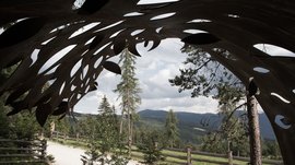 Il Sentiero della Creazione a Rodengo L'immagine mostra una vista attraverso una scultura metallica con forme organiche. Sullo sfondo si vedono alberi, un sentiero con una recinzione in legno e colline boschive sotto un cielo nuvoloso.