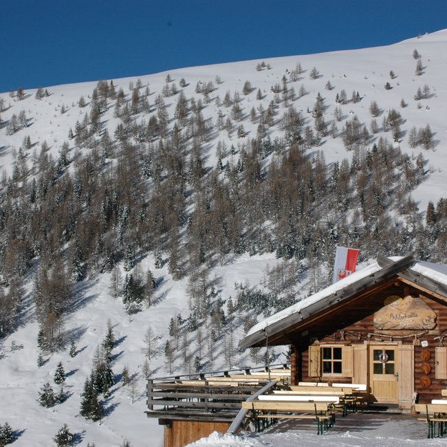 Pichlerhütte L'immagine mostra un accogliente rifugio di montagna in legno, circondato da pendii e alberi coperti di neve. Davanti al rifugio ci sono panche e tavoli di legno, e sopra l'ingresso c'è un'insegna con la scritta "Pichlerhütte 1920 m". Accanto al rifugio sventola una bandiera rosso-bianca.