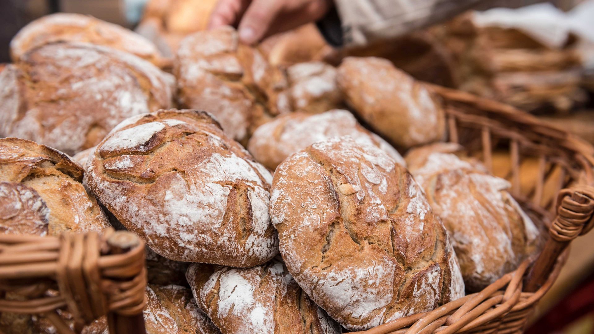 Shopping a Rio di Pusteria (BZ) L'immagine mostra un cesto pieno di pani appena sfornati con una crosta croccante e una superficie leggermente infarinata. Una mano sta prendendo uno dei pani, il che indica una vendita o una selezione.