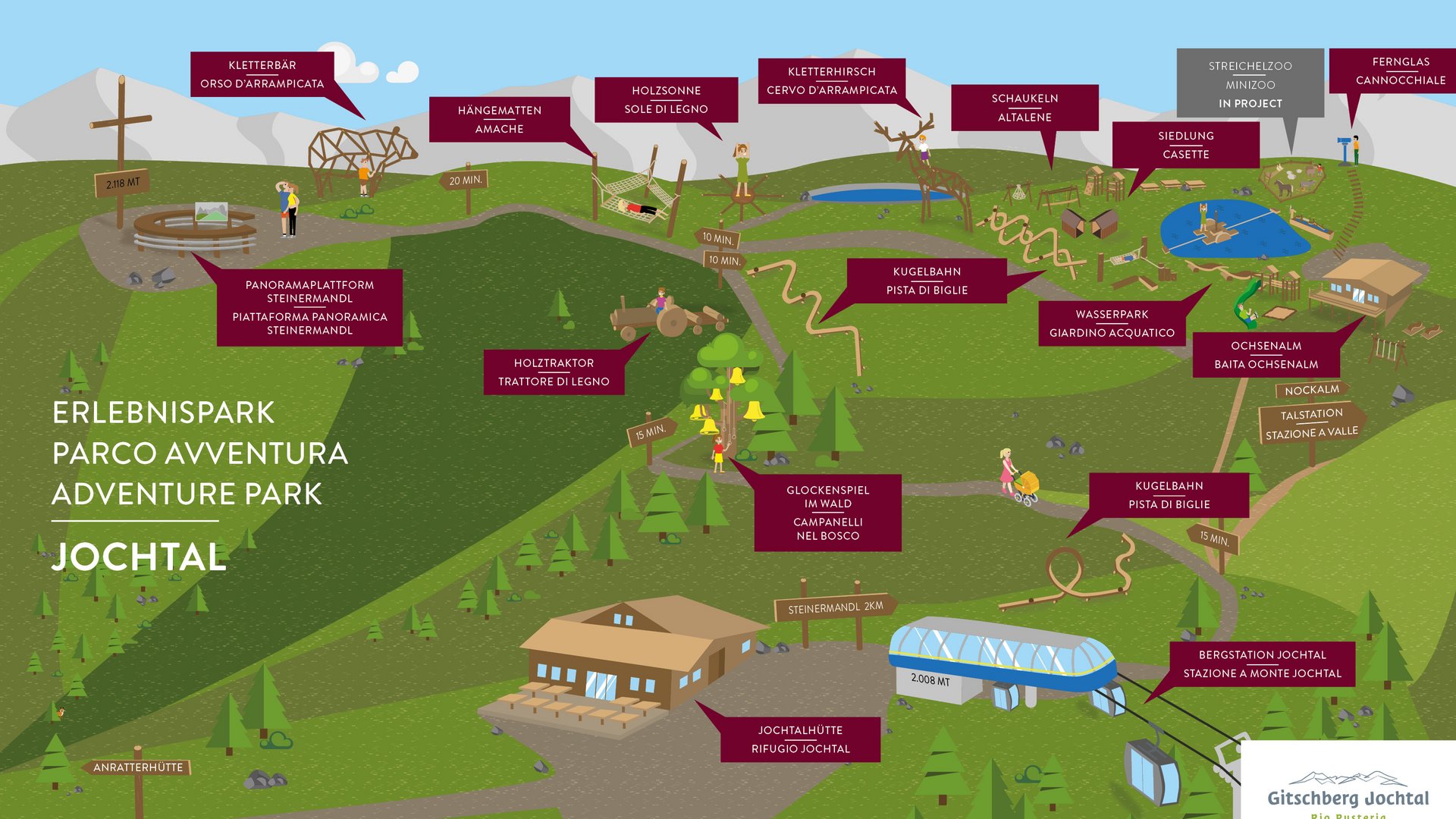 Vacanze in famiglia in Val Pusteria Mappa del parco avventura Jochtal con attrazioni e aree gioco