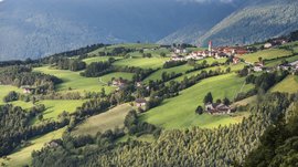 La frazione montana di Spinga L'immagine mostra un paesaggio pittoresco con dolci colline verdi, su cui sono sparse piccole case e fattorie. Sullo sfondo si erge un pendio montano boscoso, mentre nel villaggio si vede una piccola chiesa con il tetto rosso.