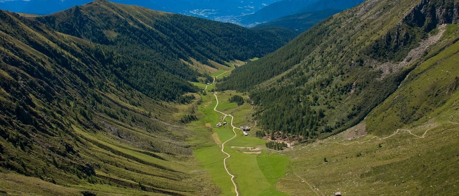Le località dell’area vacanze Rio Pusteria L'immagine mostra una valle ampia che si estende tra due pendii montuosi alti e boscosi. Un sentiero stretto e tortuoso attraversa la valle verde, passando accanto ad alcune baite sparse. Sullo sfondo si possono vedere le maestose vette delle Alpi che dominano l'orizzonte.
