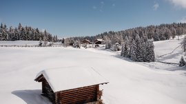 L’Alpe di Rodengo e Luson L'immagine mostra un paesaggio invernale coperto di neve con un piccolo capanno di legno in primo piano. Sullo sfondo si vedono altre baite innevate e una fila di alberi coperti di neve. Il cielo è limpido e blu, il che sottolinea l'atmosfera pacifica e tranquilla del paesaggio innevato.