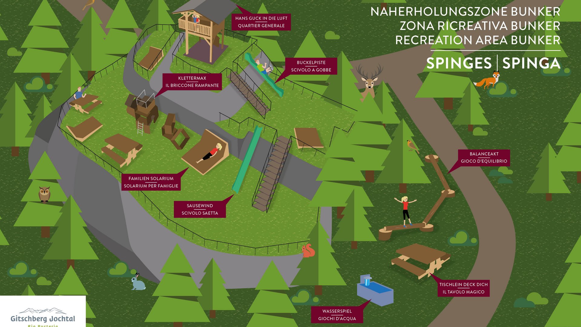 Vacanze in famiglia in Val Pusteria Mappa della zona ricreativa Bunker a Spinga con area giochi e bosco