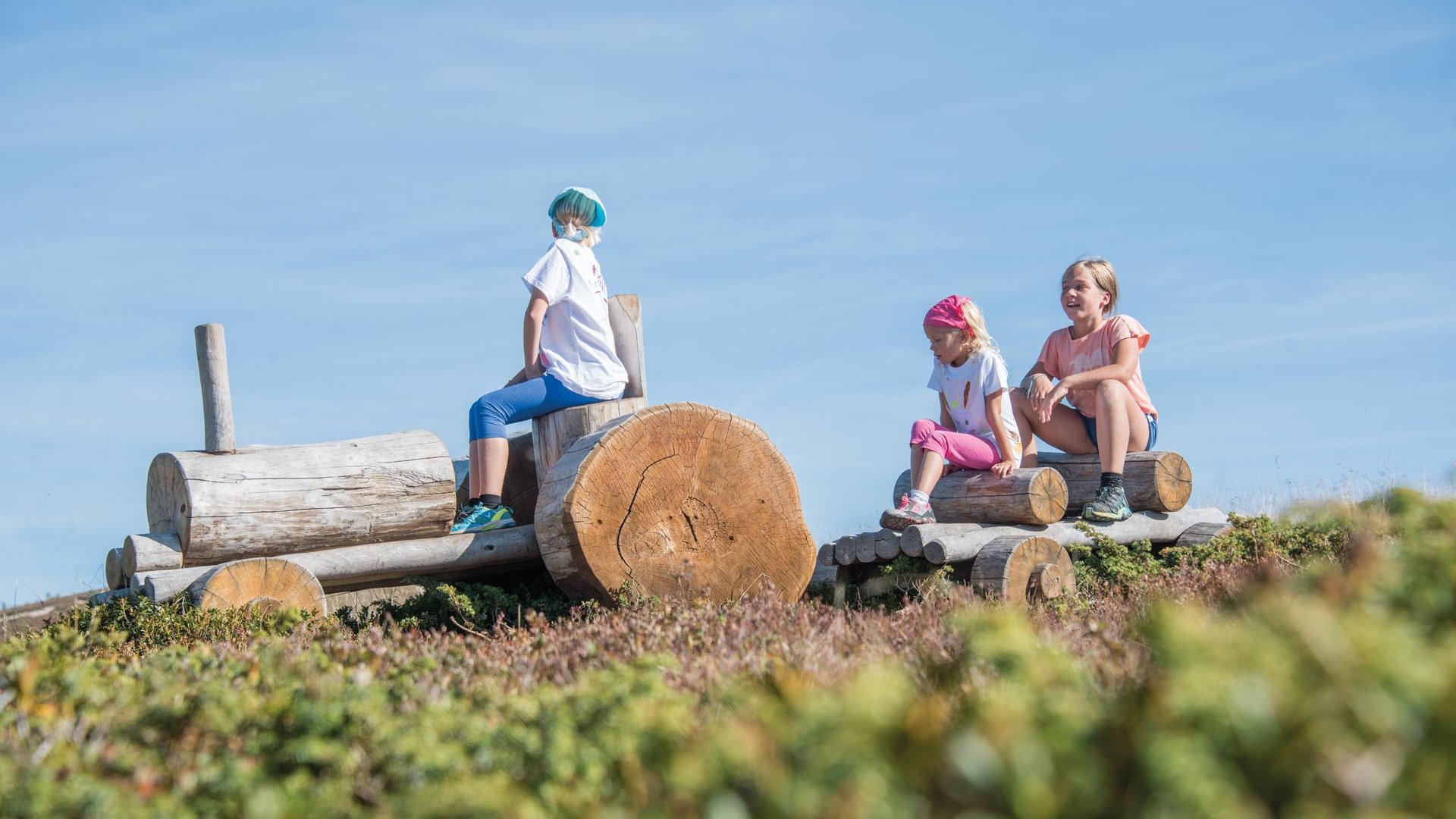 Il Parco Avventura Jochtal Bambini che giocano su un trattore di legno nella valle di Jochtal