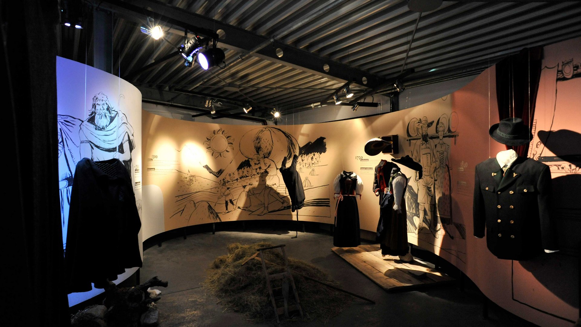 Il Mondo del Loden a Vandoies L'immagine mostra una mostra con capi di abbigliamento storici presentati su manichini da vetrina. Sullo sfondo si vedono grandi murales illustrati con scene storiche e testi che spiegano il contesto degli abiti esposti.