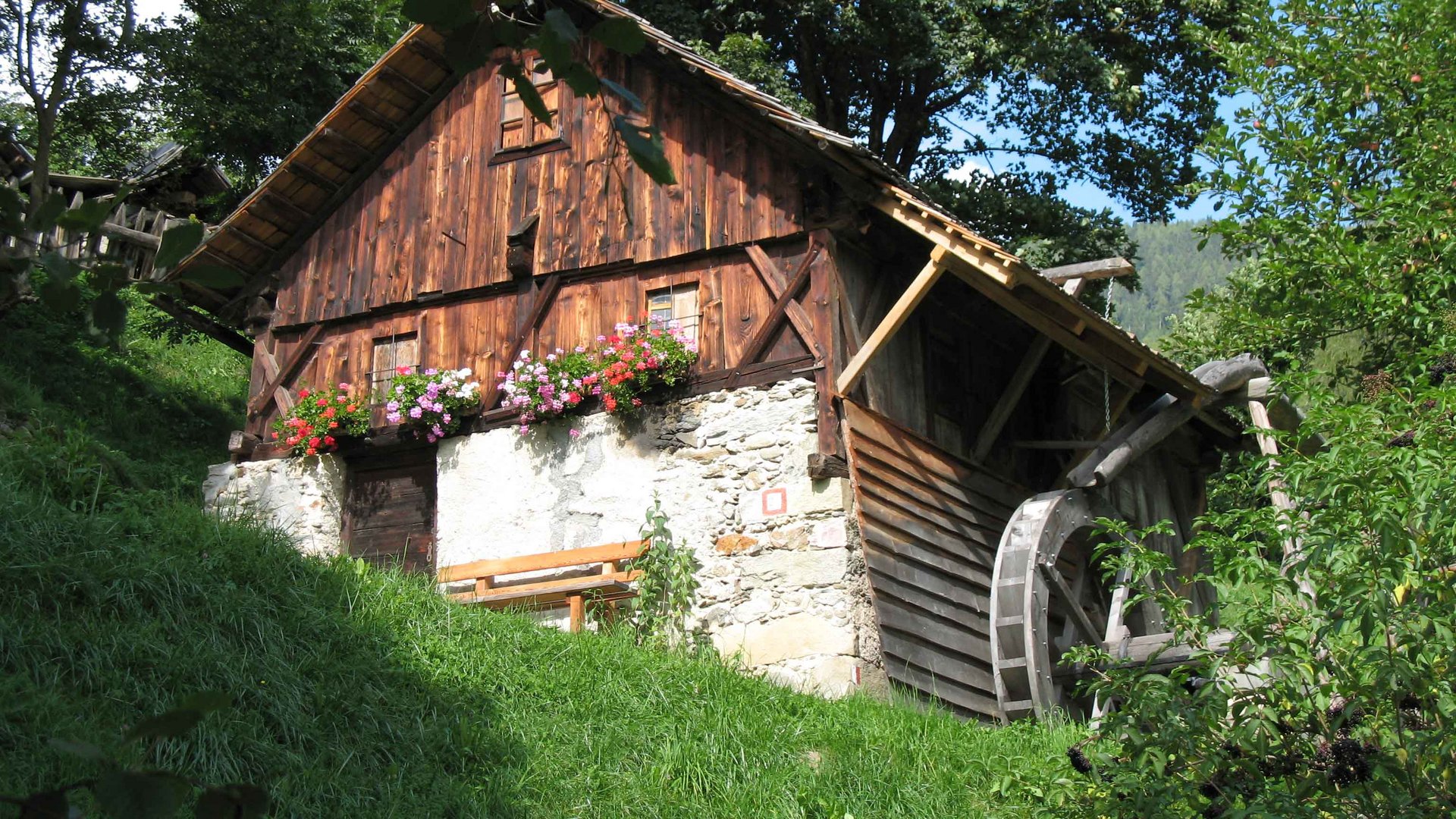 Il Sentiero dei Mulini a Terento Vecchia casa in legno con ruota ad acqua e fiori sul davanzale in paesaggio verde