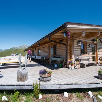 Sapori in malga L'immagine mostra un'accogliente baita di legno con un'ampia veranda su cui sono posizionati tavoli e panche. La baita è circondata da fiori in fiore e offre una vista aperta su colline verdi e montagne sotto un cielo azzurro intenso.