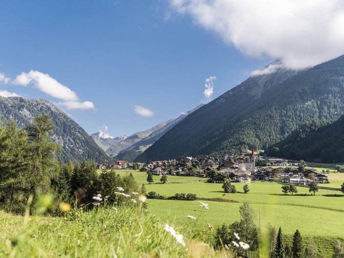 Le località dell’area vacanze Rio Pusteria L'immagine mostra un'idilliaca paesaggio estivo con prati verdi e un villaggio nella valle, circondato da alte montagne boschive. Il cielo è azzurro con alcune nuvole e in primo piano fioriscono sparsi fiori bianchi.