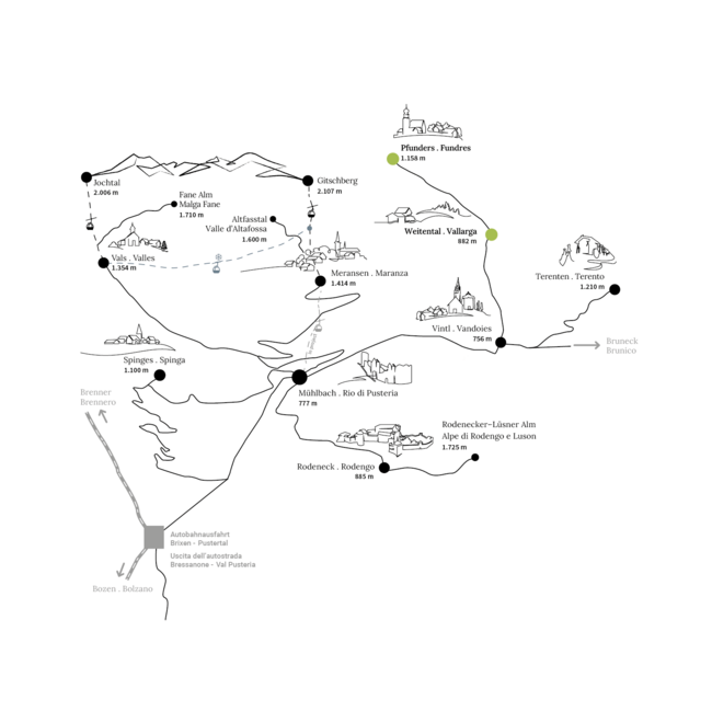 Quando si dice idilliaco… ecco a voi Fundres Mappa con località e altitudini nella valle di Pusteria