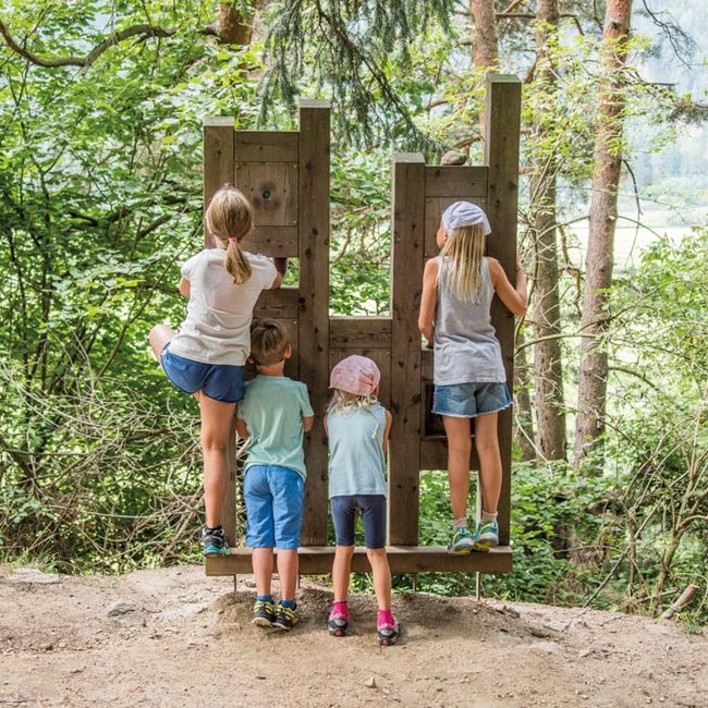 Escursioni in Alto Adige: alla scoperta di Rio Pusteria L'immagine mostra quattro bambini che si trovano davanti a una struttura di legno che sembra una sorta di punto panoramico. I bambini guardano attraverso aperture nella struttura verso una foresta verde.