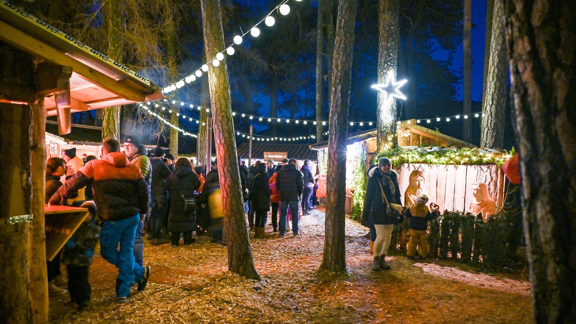 L’Avvento di Terento Mercatino di Natale nel bosco con luci e visitatori di sera