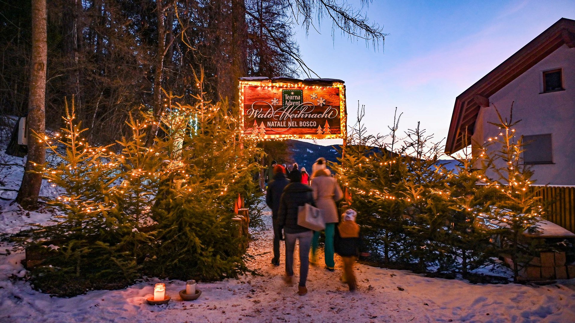 L’Avvento di Terento Persone camminano nel bosco innevato illuminato per Natale