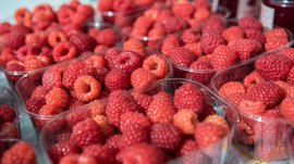 Shopping a Rio di Pusteria (BZ) L'immagine mostra diverse vaschette di plastica trasparente piene di lamponi freschi e rossi. I lamponi sono visibili da vicino e in modo chiaro nell'immagine, mettendo in risalto il loro colore brillante e la consistenza succosa.