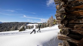 L’Alpe di Rodengo e Luson Due sciatori di fondo su pista innevata accanto a una baita di legno