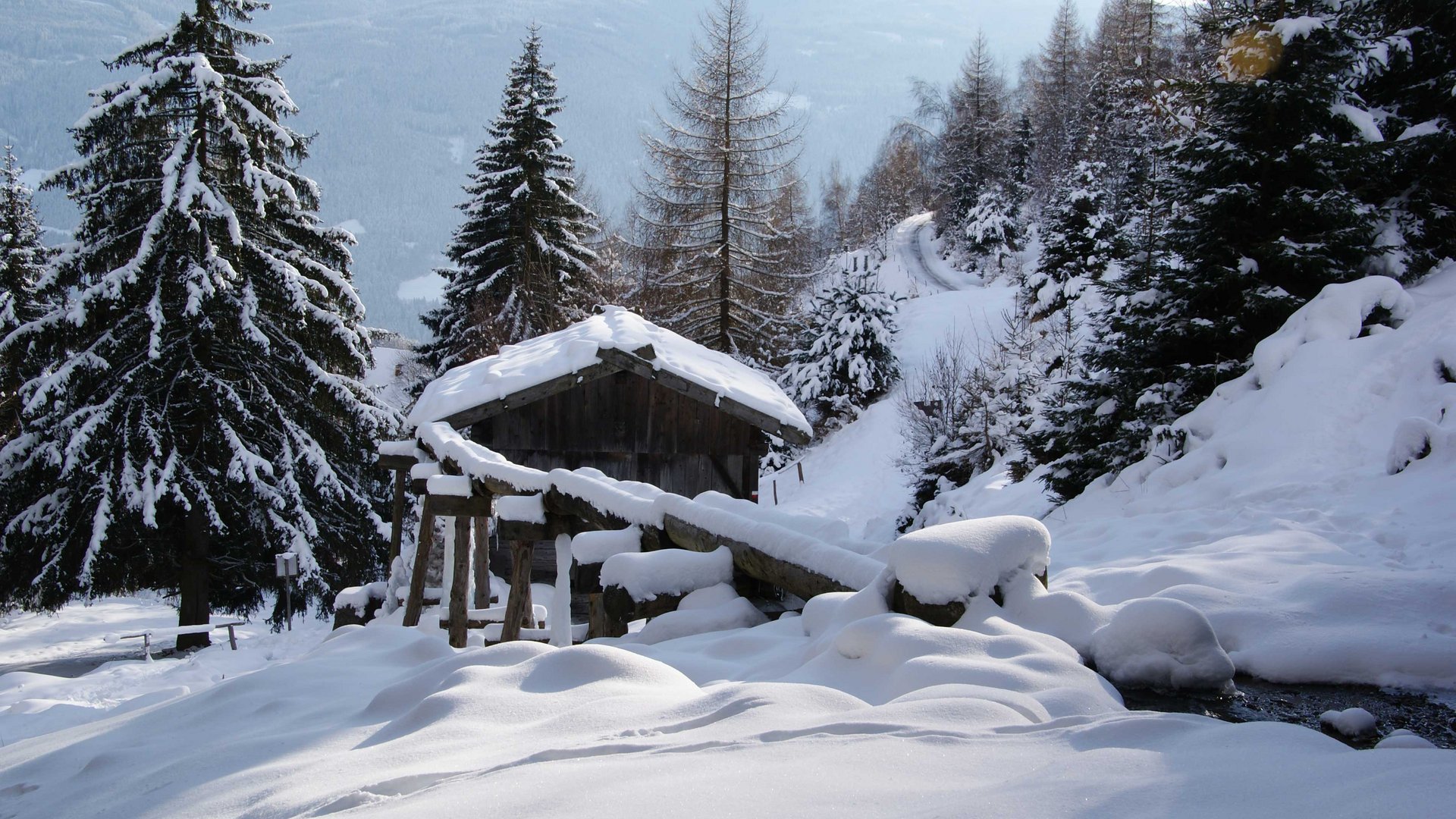 Escursioni a Terento, in Val Pusteria Capanna di legno e alberi innevati in paesaggio montano invernale