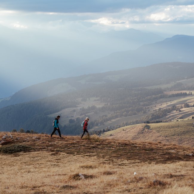 Trekking sulle Dolomiti L'immagine mostra due escursionisti che attraversano una collina coperta d'erba. Sullo sfondo si estende un ampio paesaggio collinare sotto un cielo nuvoloso, attraverso il quale alcuni raggi di sole filtrano drammaticamente, immergendo la scena in una luce soffusa.