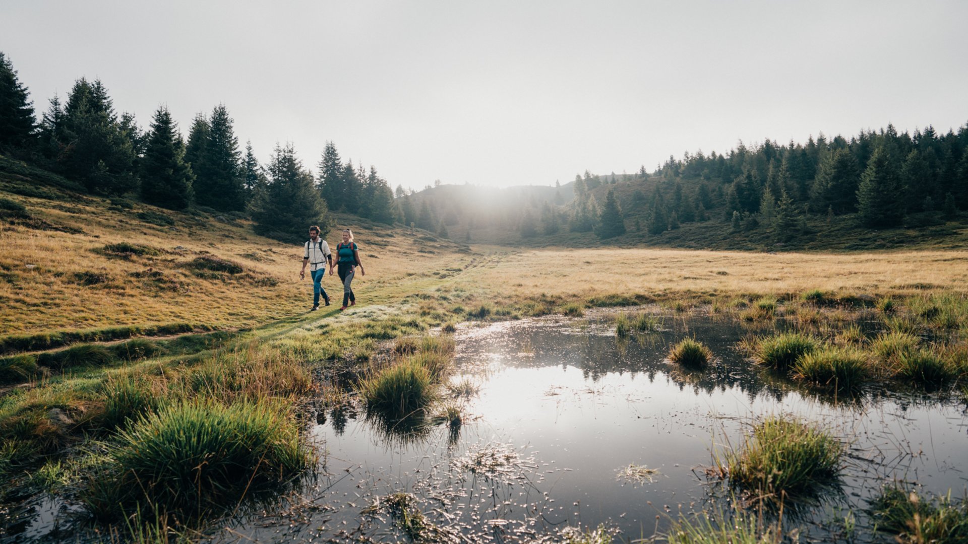I percorsi più belli delle Dolomiti L'immagine mostra due escursionisti che camminano lungo un sentiero erboso vicino a uno stagno piccolo. Sullo sfondo si estende un paesaggio collinare fiancheggiato da conifere, mentre il sole splende attraverso un cielo leggermente nuvoloso e illumina la scena con una luce soffusa.