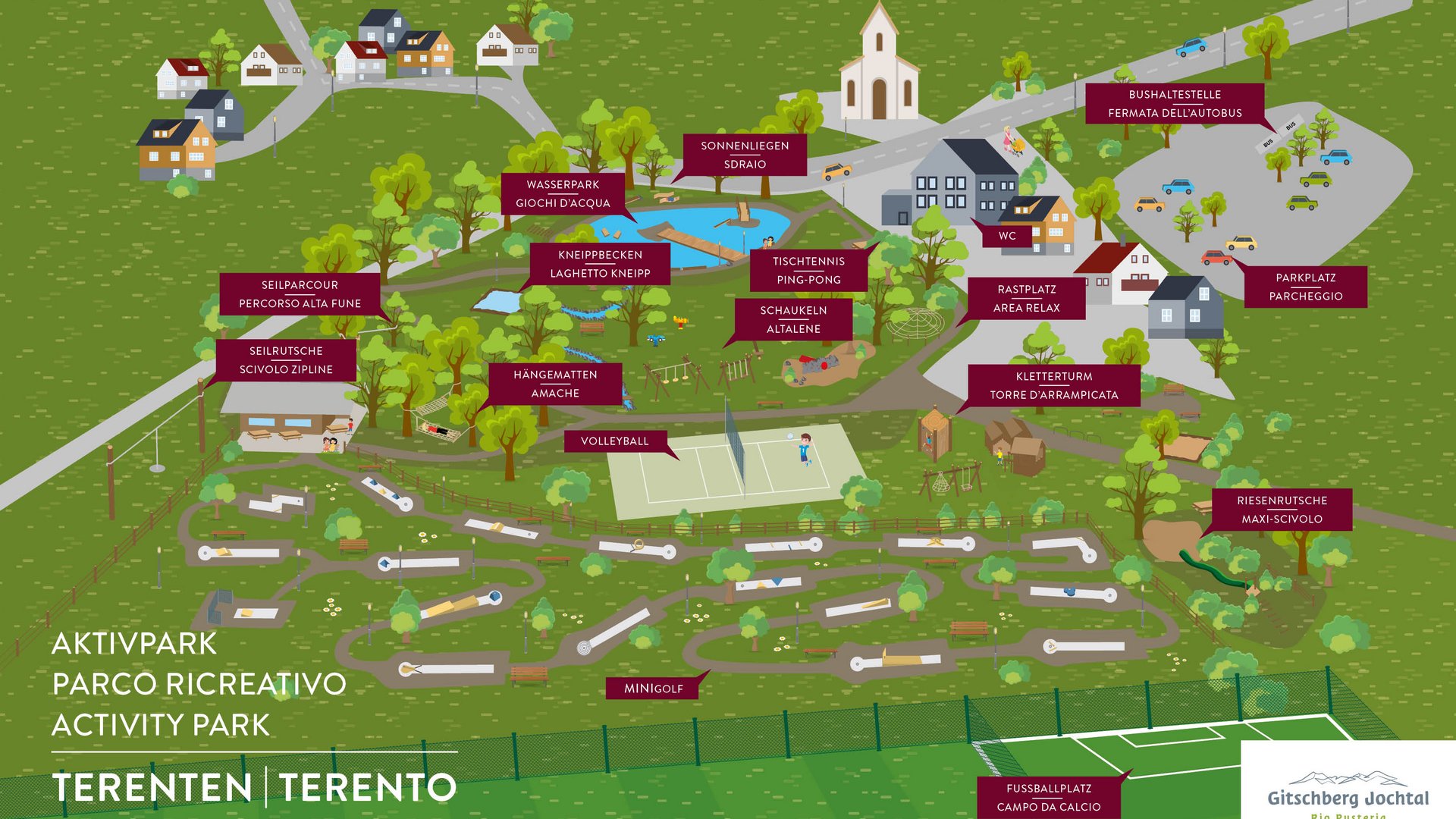 Vacanze in famiglia in Val Pusteria Mappa del parco ricreativo di Terento con attività e servizi vari