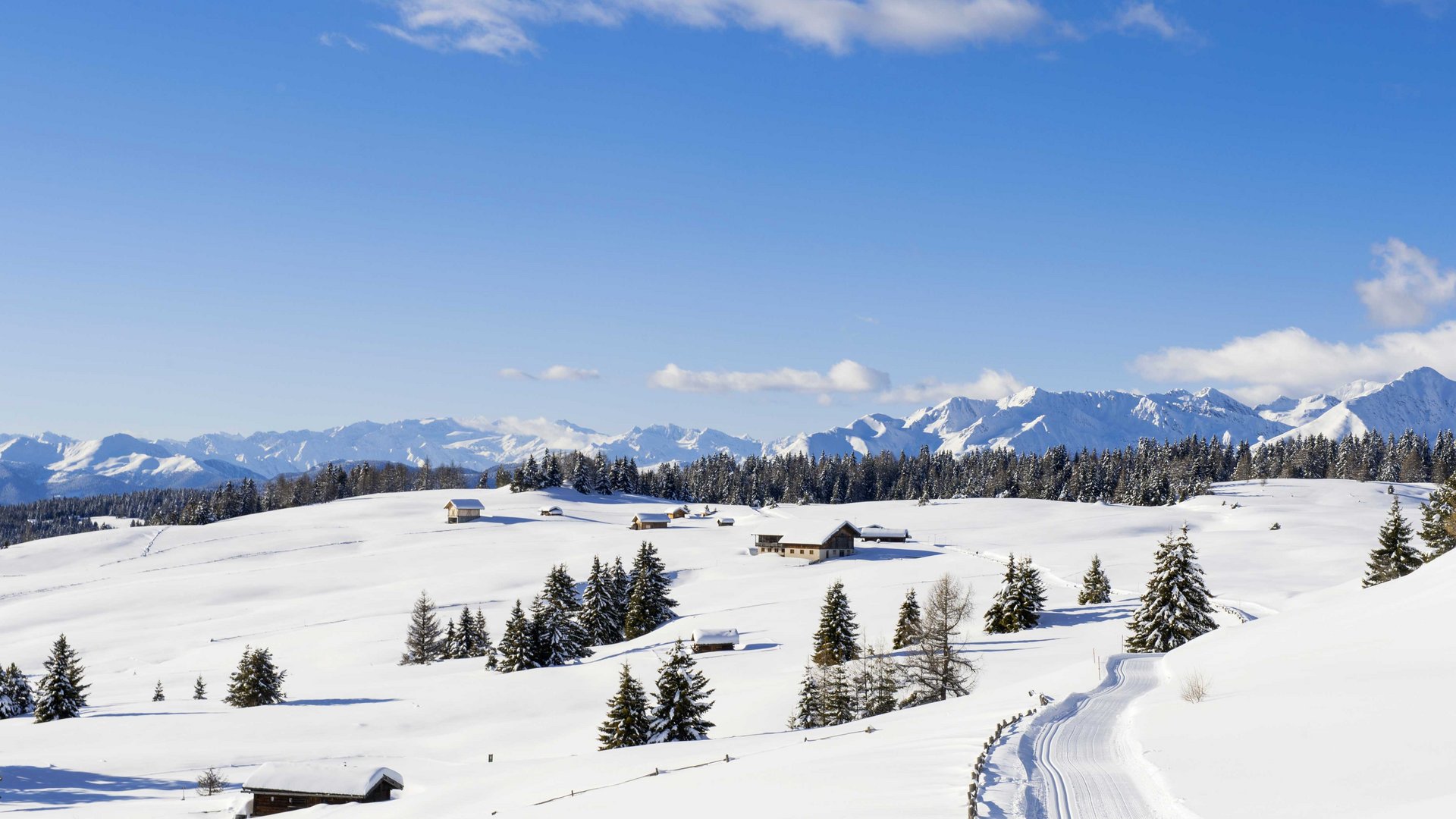 L’Alpe di Rodengo e Luson Montagne innevate con case e pini sotto un cielo azzurro