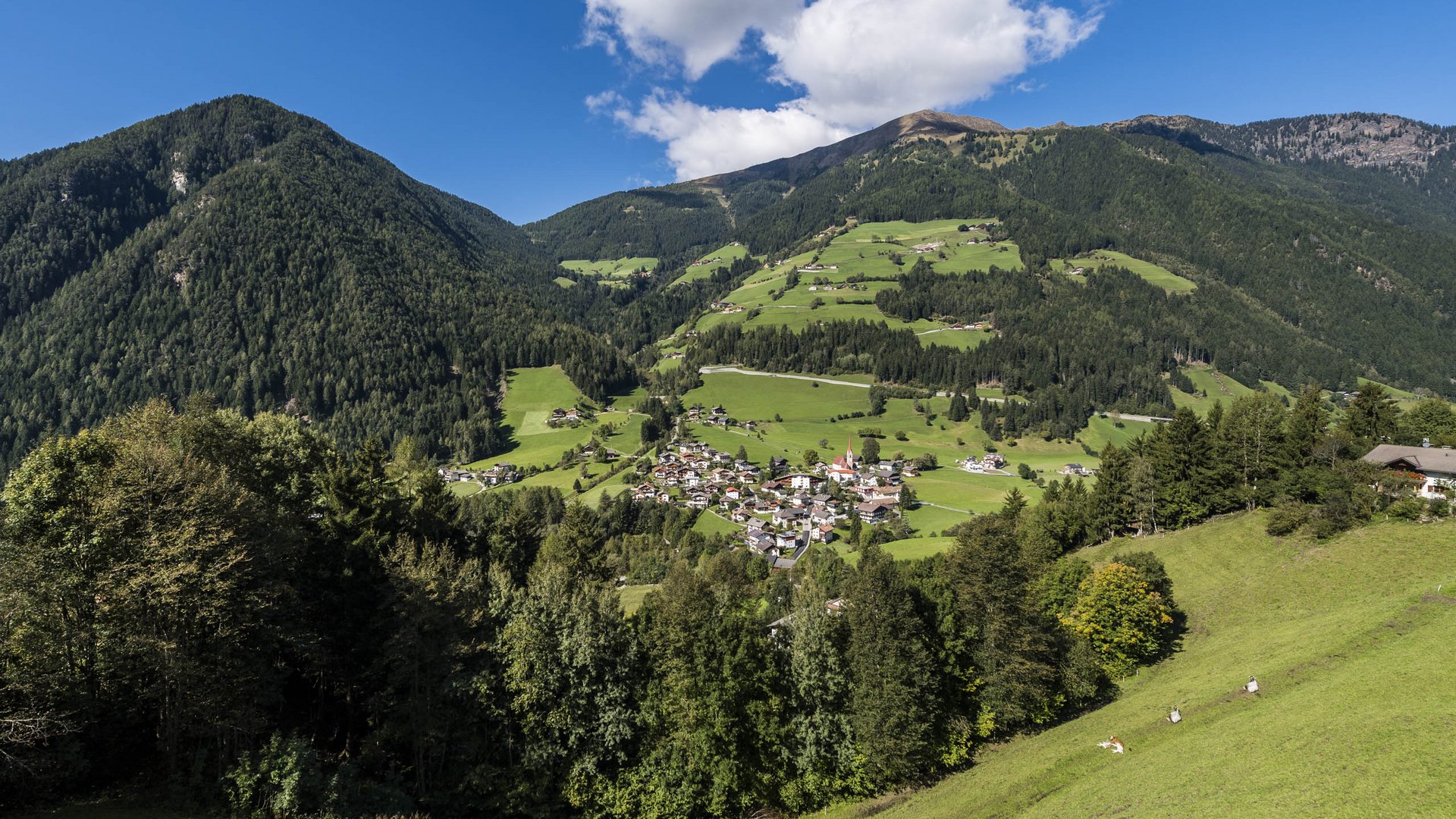 Quando si dice idilliaco… ecco a voi Fundres L'immagine mostra una valle verde e collinare con un piccolo villaggio al centro, circondato da fitte foreste e alte montagne. La scena è tranquilla e idilliaca sotto un cielo azzurro brillante con alcune nuvole bianche.