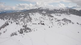 L’Alpe di Rodengo e Luson L'immagine mostra un ampio paesaggio innevato, attraversato da dolci colline e piccoli boschi. Al centro dell'immagine ci sono alcune baite di montagna circondate da neve profonda, e sullo sfondo si ergono montagne boschive sotto un cielo nuvoloso.