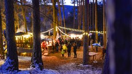 L’Avvento di Terento L'immagine mostra un mercato di Natale in una foresta, decorato con catene luminose. Le persone stanno davanti a bancarelle di legno illuminate, mentre il terreno è leggermente coperto di neve e alberi alti circondano la scena.