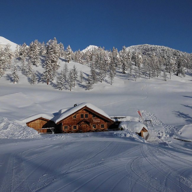 Nockalm L'immagine mostra un paesaggio invernale innevato con un alpeggio di legno che scompare parzialmente nella neve. Sullo sfondo si vedono alberi e colline innevate sotto un cielo limpido e azzurro.