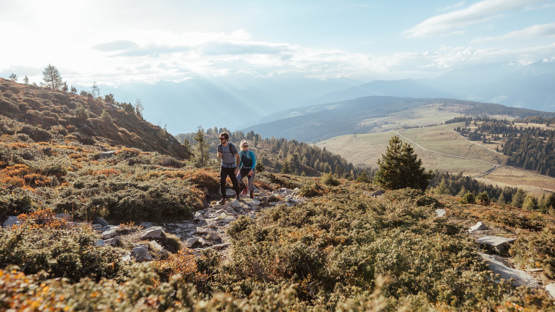 I percorsi più belli delle Dolomiti L'immagine mostra due escursionisti, un uomo e una donna, che percorrono un sentiero roccioso in un paesaggio collinare. Sono circondati da una bassa vegetazione cespugliosa e sullo sfondo si estende un ampio paesaggio boscoso con dolci colline sotto un cielo luminoso e limpido.