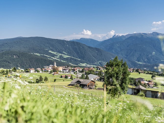 Le località dell’area vacanze Rio Pusteria L'immagine mostra un pittoresco villaggio immerso in un paesaggio verde e collinare con prati e case sparse. Sullo sfondo si vedono montagne boschive e un cielo azzurro chiaro, mentre in primo piano crescono fiori selvatici e erbe. Una chiesa con una torre appuntita si trova in modo prominente al centro del villaggio.
